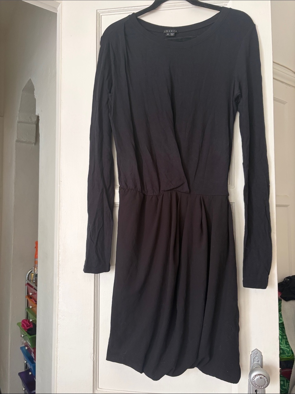 Theory Black Long-Sleeve Gathered-Waist Midi Dress